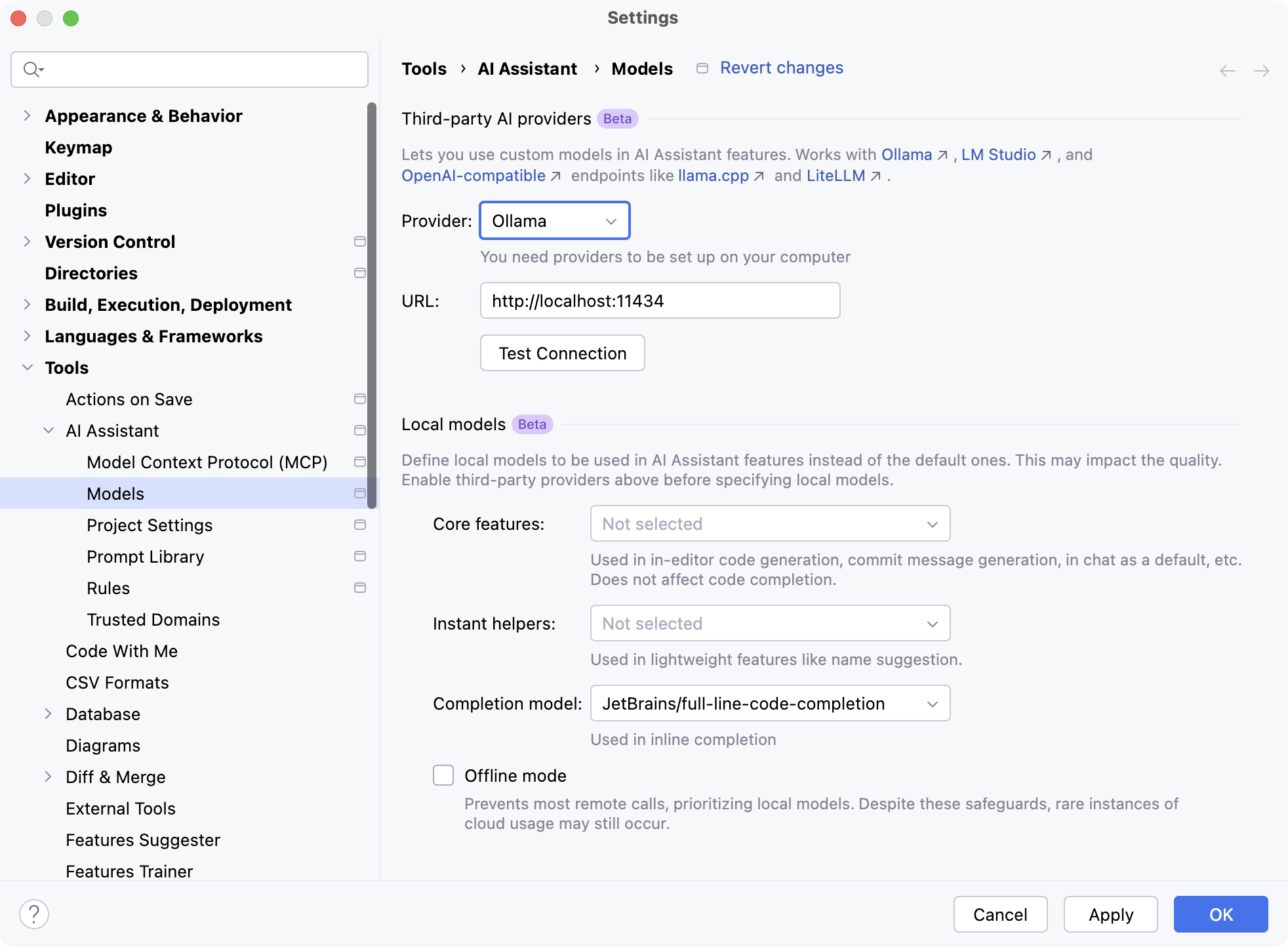 JetBrainsの設定 > AI アシスタント > モデル